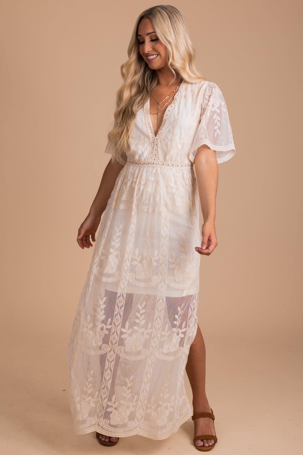 Light My Fire Cream Lace Maxi Dress ...